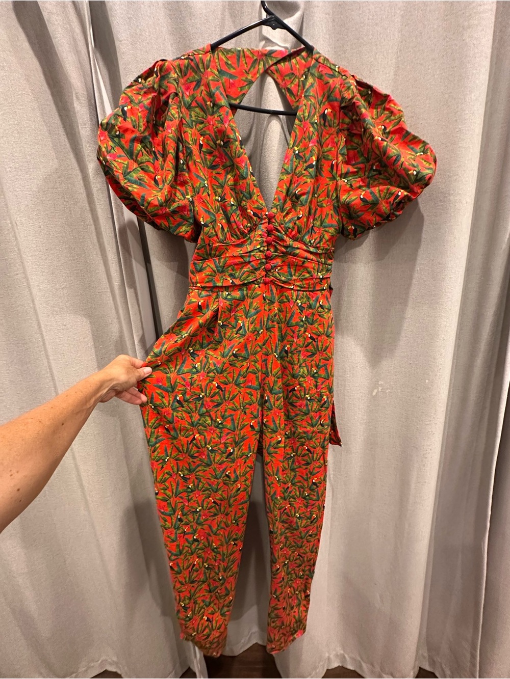 FARM Rio Red Tropical Puff-Sleeve Jumpsuit